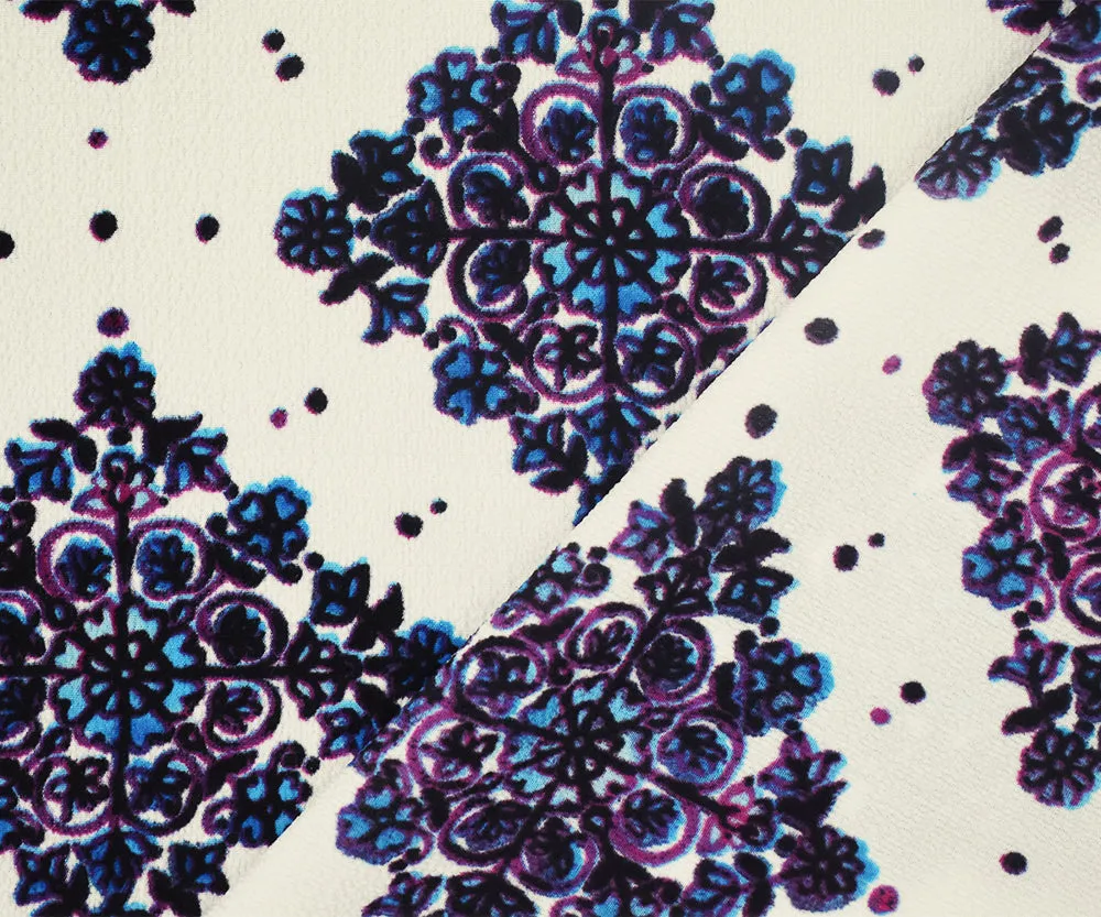 Purple-Multi Snowflake Floral Border Printed Stretch Ghost Crepe Fabric