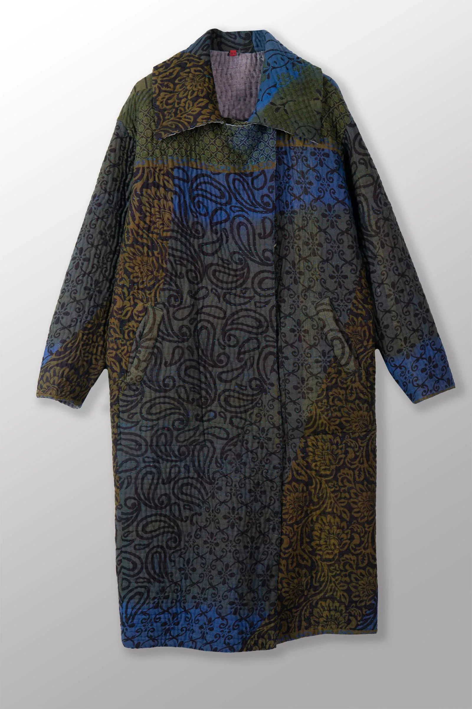 QUILTED OVER DYE COTTON KANTHA DOUBLE BREAST LONG COAT