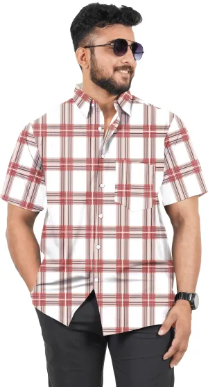 Red Color Short Sleeves Checkered Shirts For Men