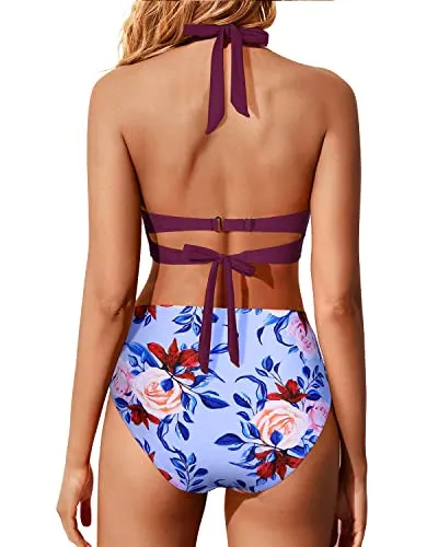 Ruched High Cut Leg Bikini Set With Halter Top & High Waisted Bottoms-Purple Floral