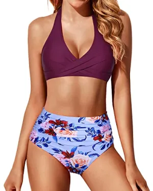 Ruched High Cut Leg Bikini Set With Halter Top & High Waisted Bottoms-Purple Floral