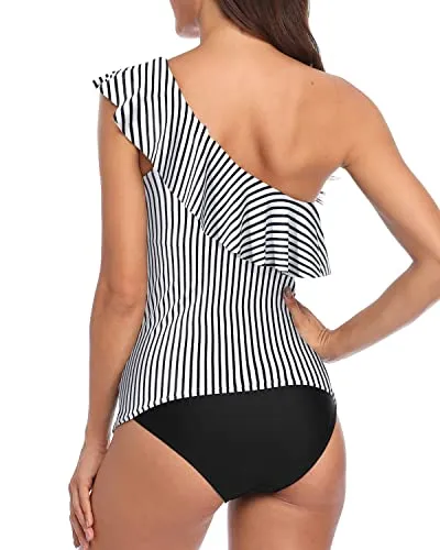 Ruffle One Shoulder Tummy Control Tankini Women's Two Piece Bathing Suits