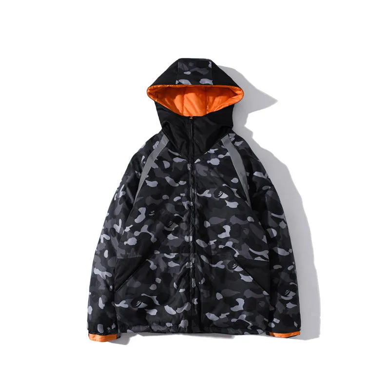 Shark Print Coat Camouflage Hooded Casual Youth Fashion Down Cotton-Padded Coat Autumn And Winter