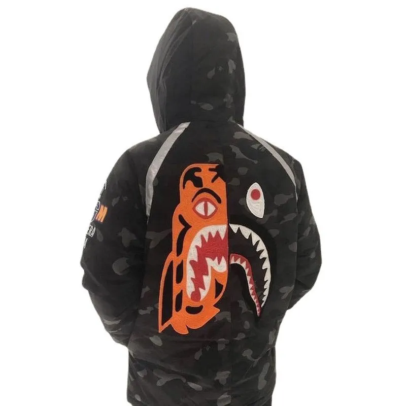 Shark Print Coat Camouflage Hooded Casual Youth Fashion Down Cotton-Padded Coat Autumn And Winter