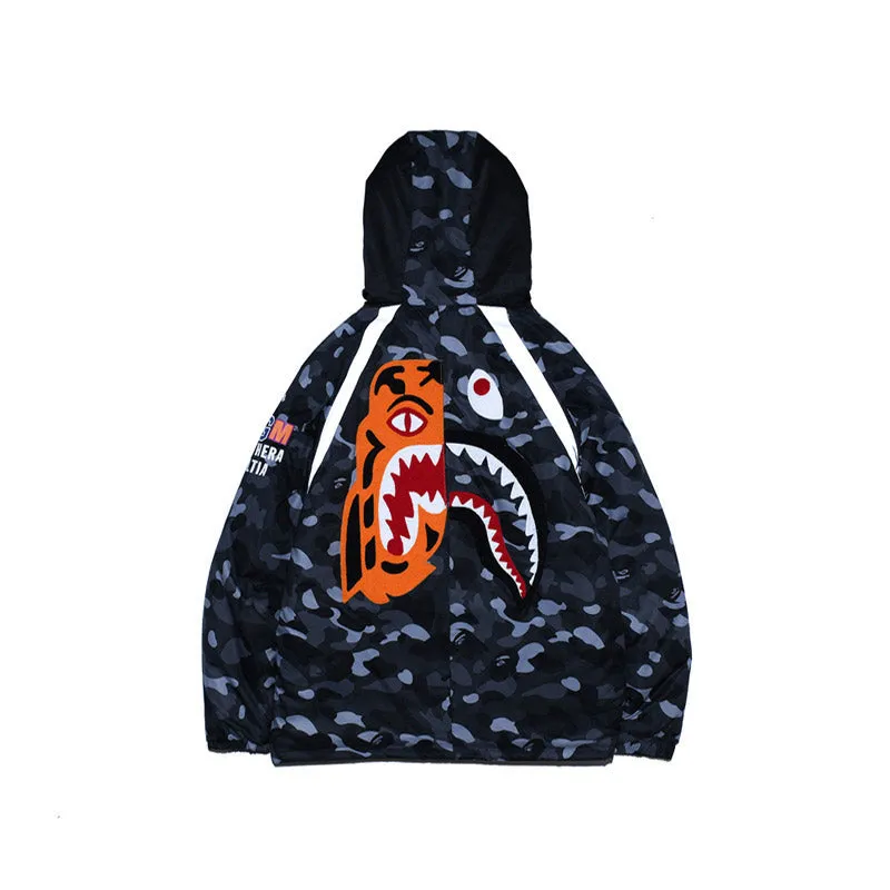 Shark Print Coat Camouflage Hooded Casual Youth Fashion Down Cotton-Padded Coat Autumn And Winter