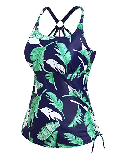 U Neck Tankini Top With Removable Padded Bra Swim Tank Top-Blue Leaf