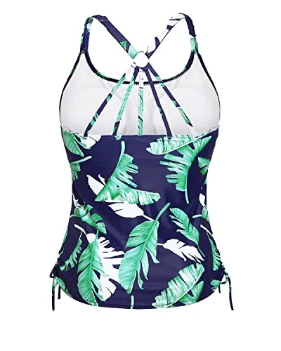 U Neck Tankini Top With Removable Padded Bra Swim Tank Top-Blue Leaf