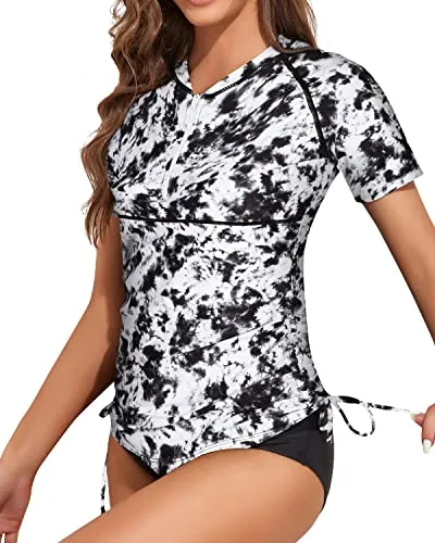 Upf50 2 Piece Short Sleeve Rash Guard For Women-Black And White Tie Dye