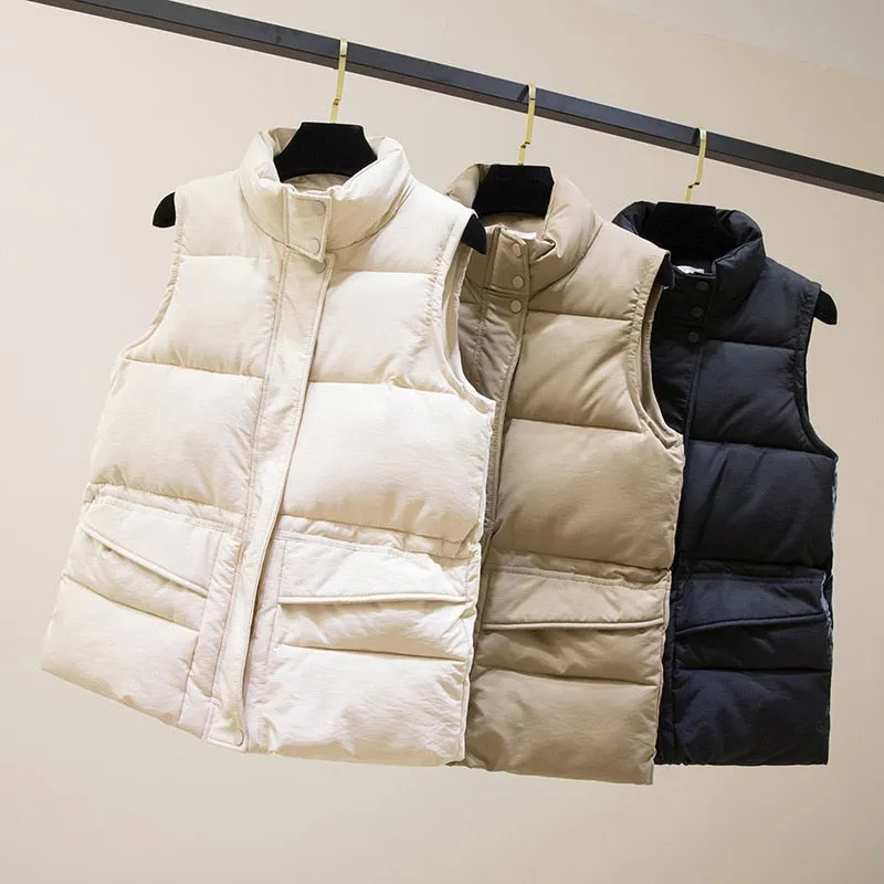 Vest Women Cotton Padded  Women's Winter Sleeveless Jacket with Zipper Stand Collar Casual Coats