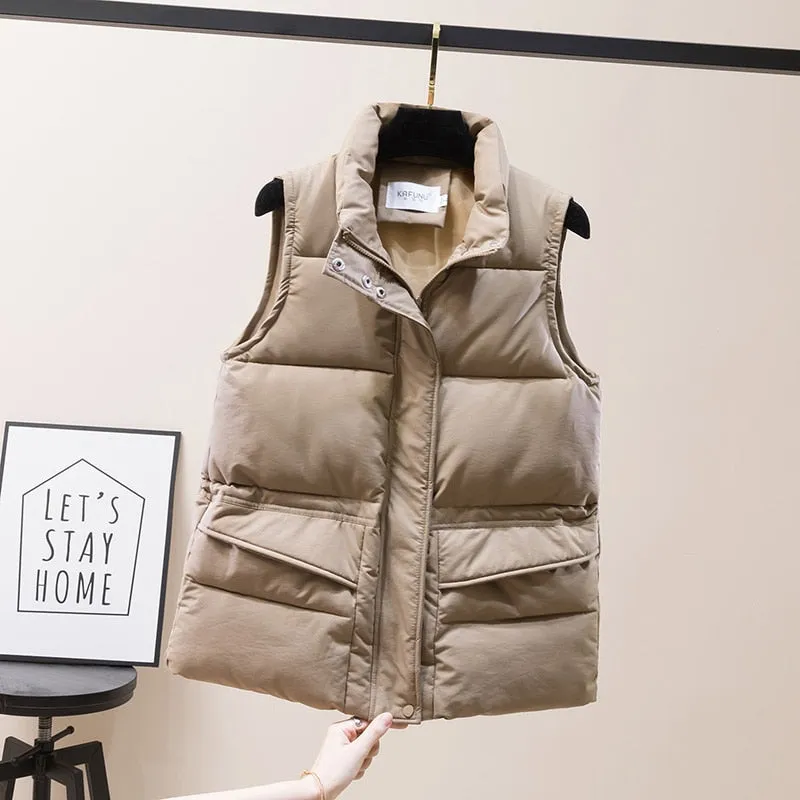 Vest Women Cotton Padded  Women's Winter Sleeveless Jacket with Zipper Stand Collar Casual Coats