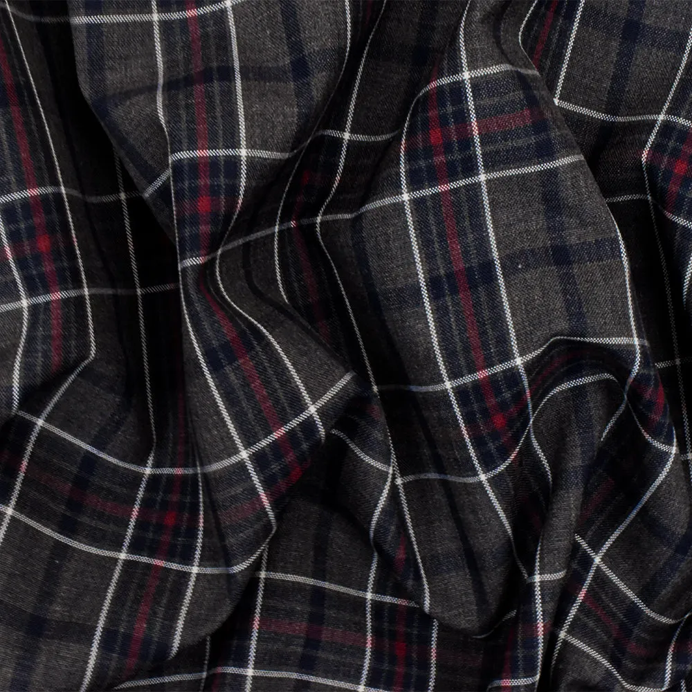 Warm Gray-Red-Multi Plaid Wool-Poly Woven Suiting Fabric