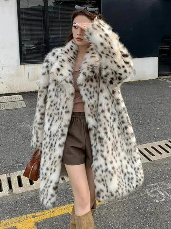 Wenkouban-Winter outfits Christmas Lapel Open Stitch Faux Fur Leopard Print Coat