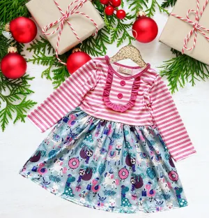 Winter Fun Girls Twirl Dresses - Pink Christmas Sloths   Stripes