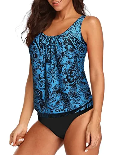 Women's Athletic Blouson Tankini Swimsuit Removable Soft Bra-Black And Tribal Blue