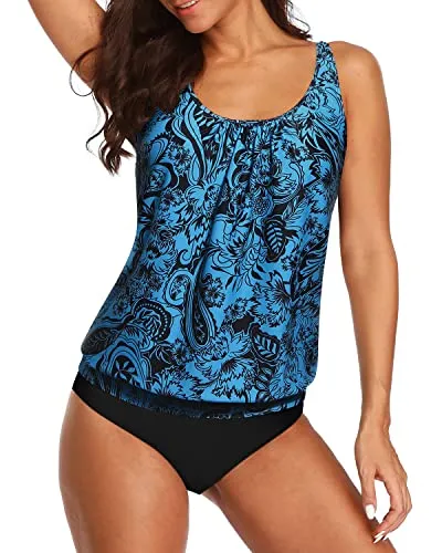 Women's Athletic Blouson Tankini Swimsuit Removable Soft Bra-Black And Tribal Blue