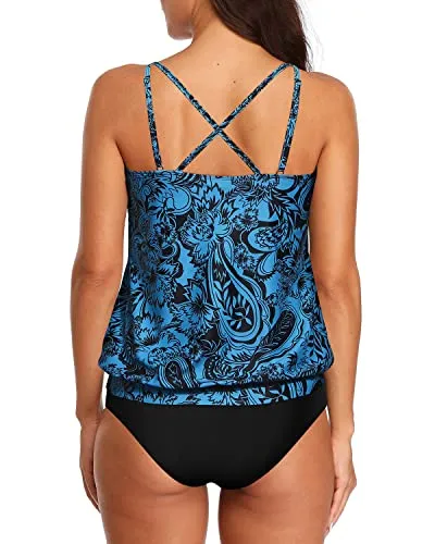 Women's Athletic Blouson Tankini Swimsuit Removable Soft Bra-Black And Tribal Blue