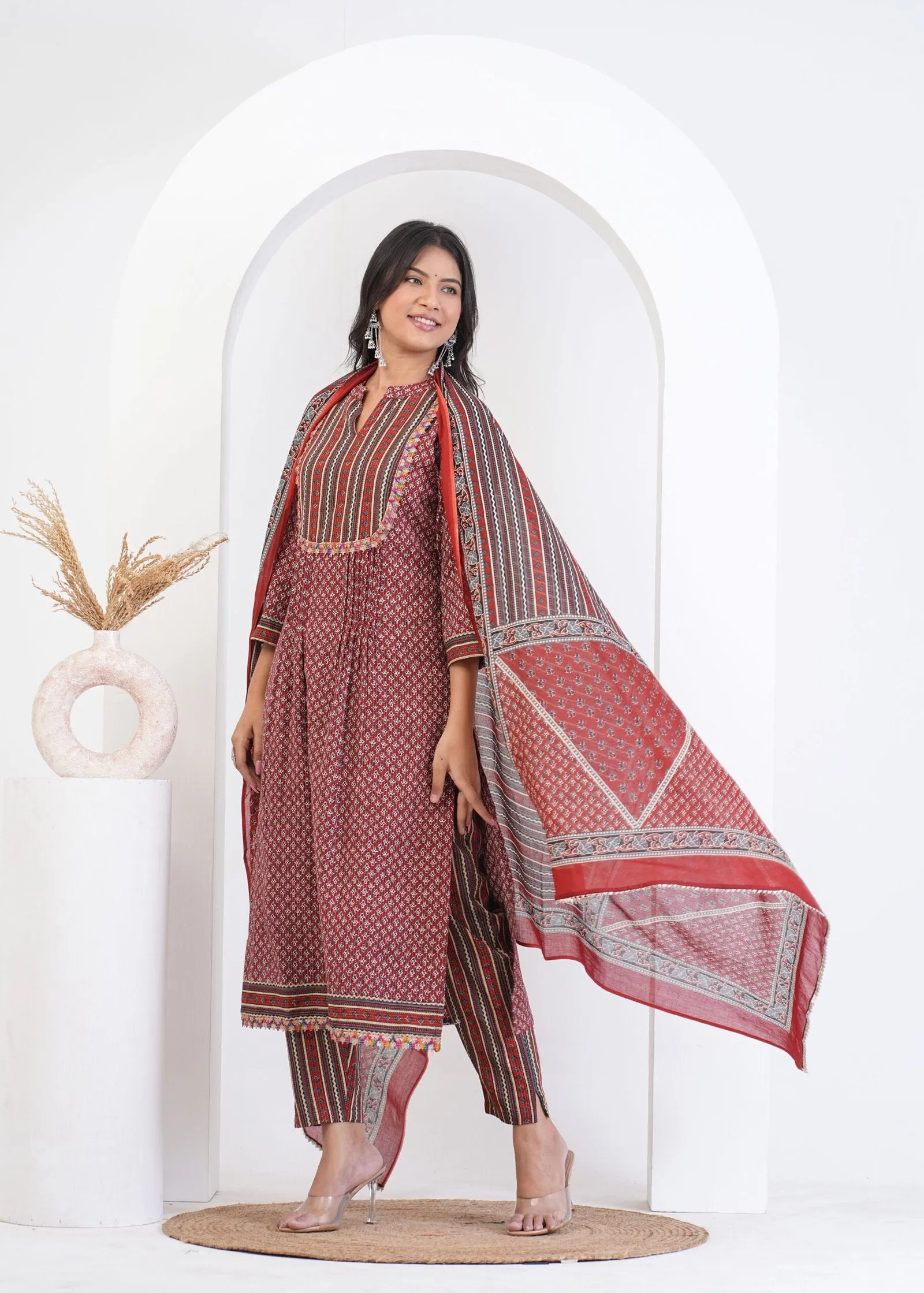 Women's Floral Printed Kantha Fabric Kurti, Pant, and Dupatta Set