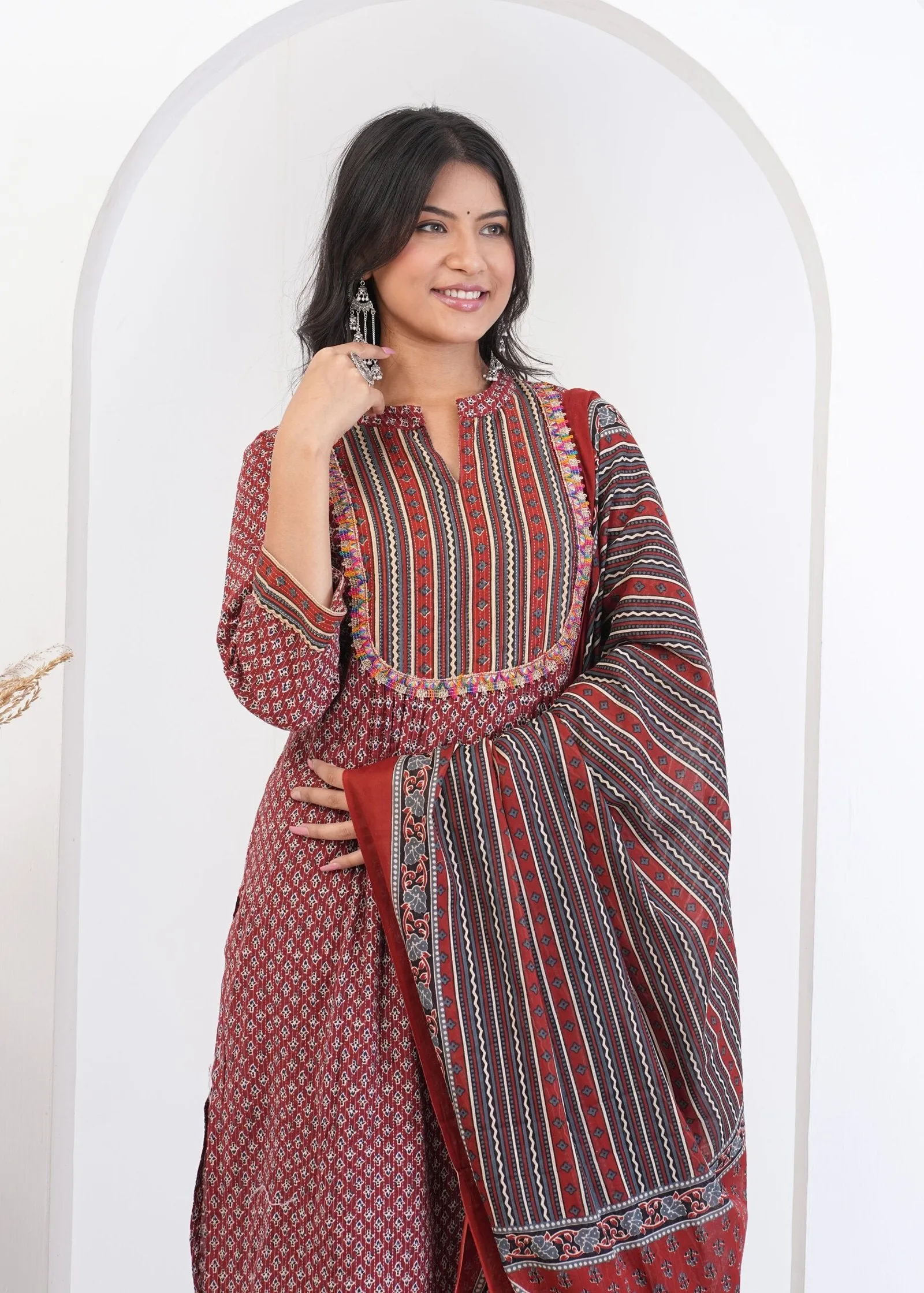 Women's Floral Printed Kantha Fabric Kurti, Pant, and Dupatta Set