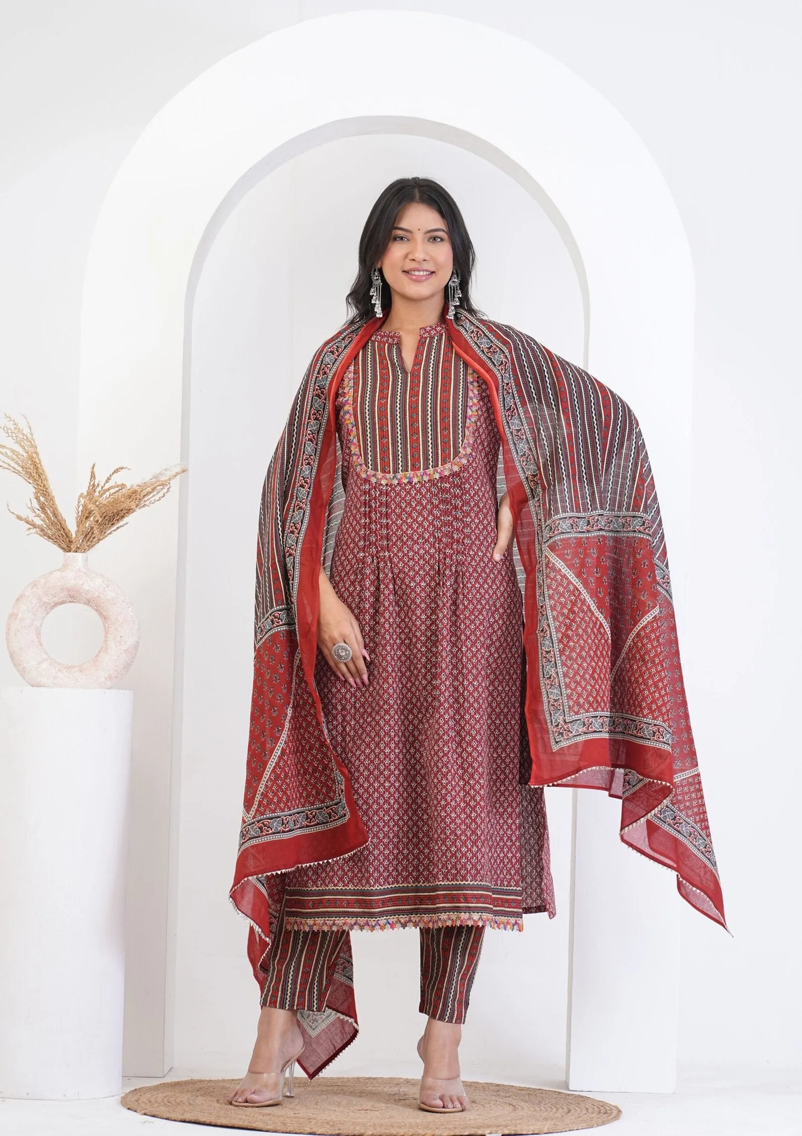 Women's Floral Printed Kantha Fabric Kurti, Pant, and Dupatta Set