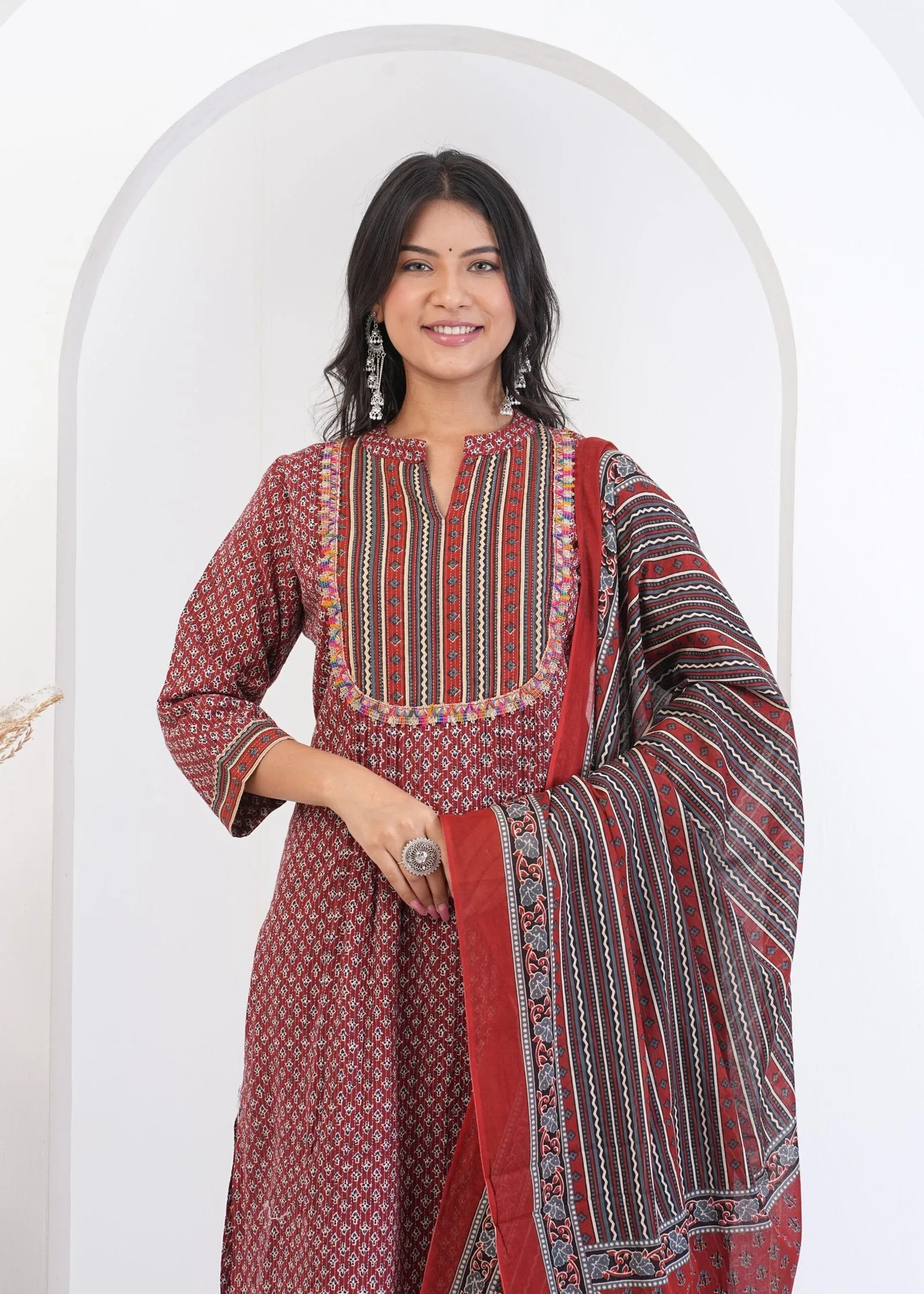 Women's Floral Printed Kantha Fabric Kurti, Pant, and Dupatta Set