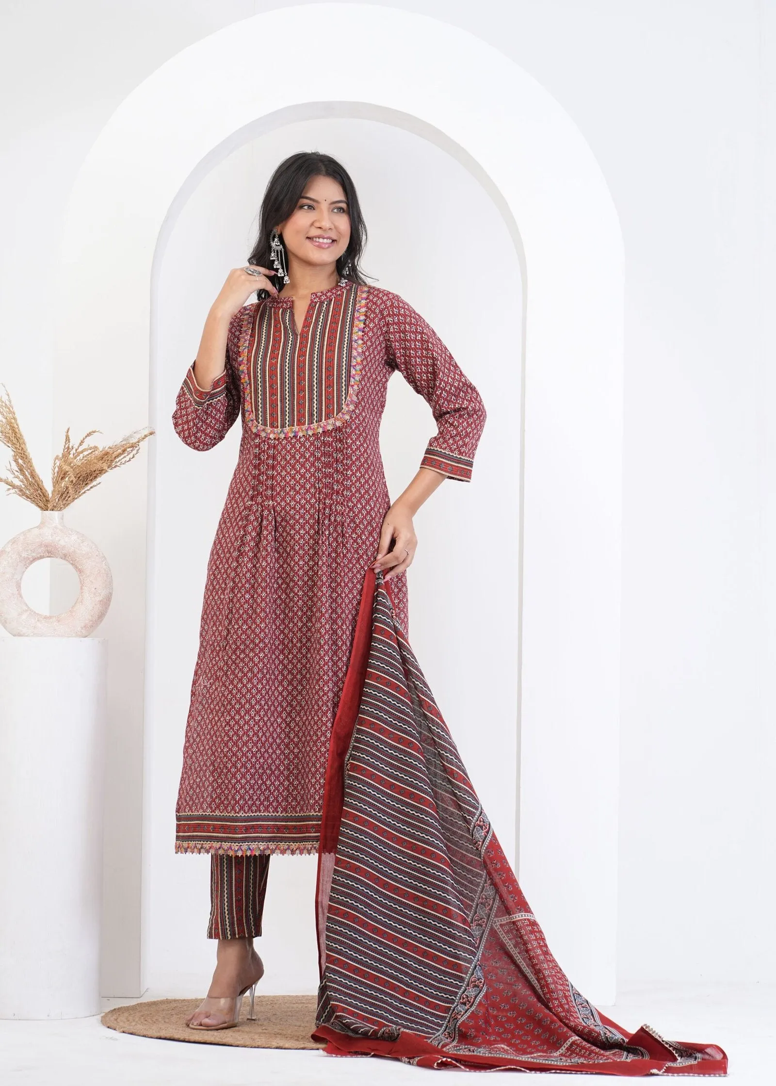 Women's Floral Printed Kantha Fabric Kurti, Pant, and Dupatta Set