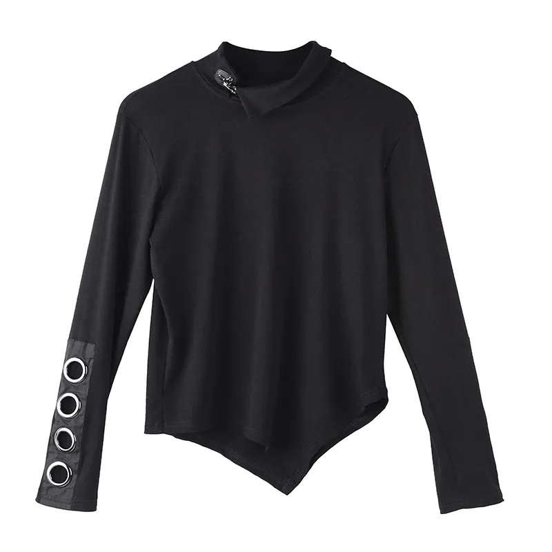 Women's Long Sleeve Black Asymmetrical Top / Fashion Cotton Clothing With Stand Collar