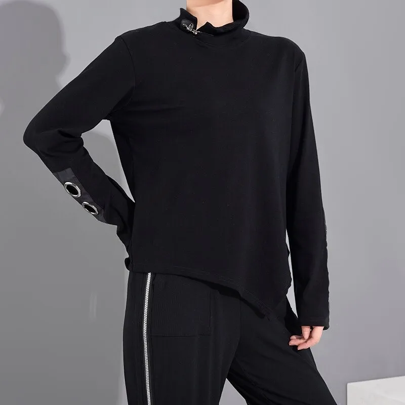 Women's Long Sleeve Black Asymmetrical Top / Fashion Cotton Clothing With Stand Collar