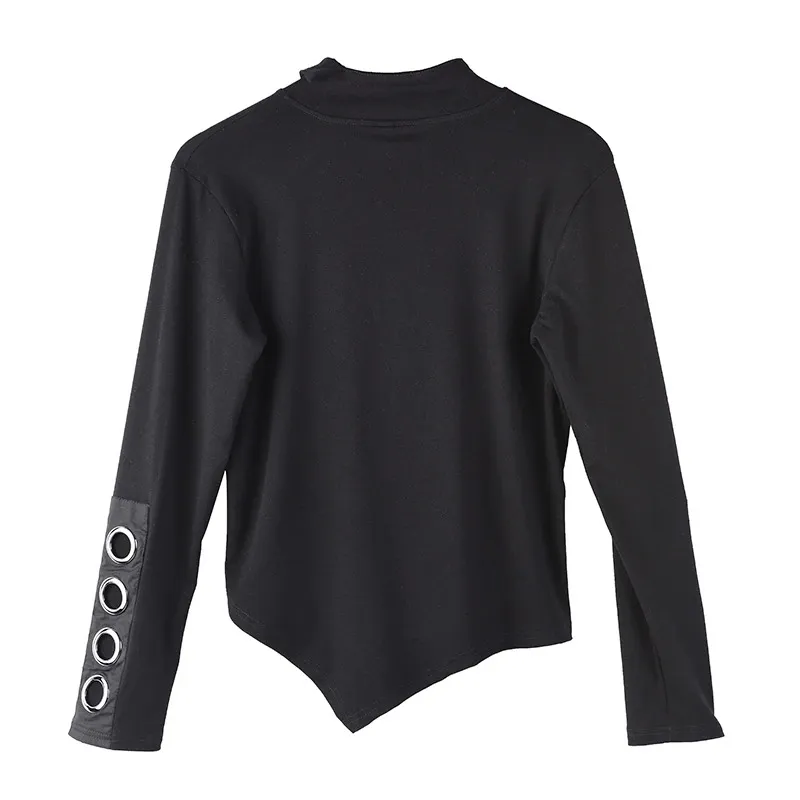 Women's Long Sleeve Black Asymmetrical Top / Fashion Cotton Clothing With Stand Collar