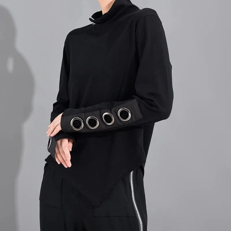 Women's Long Sleeve Black Asymmetrical Top / Fashion Cotton Clothing With Stand Collar