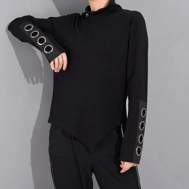 Women's Long Sleeve Black Asymmetrical Top / Fashion Cotton Clothing With Stand Collar